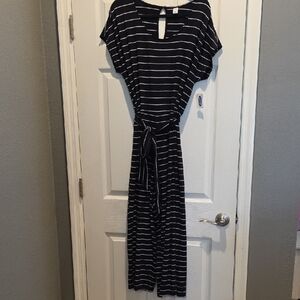 NWT Old Navy Tie-Belt Jumpsuit Stretchy Knit Ankle Capri Black White Striped